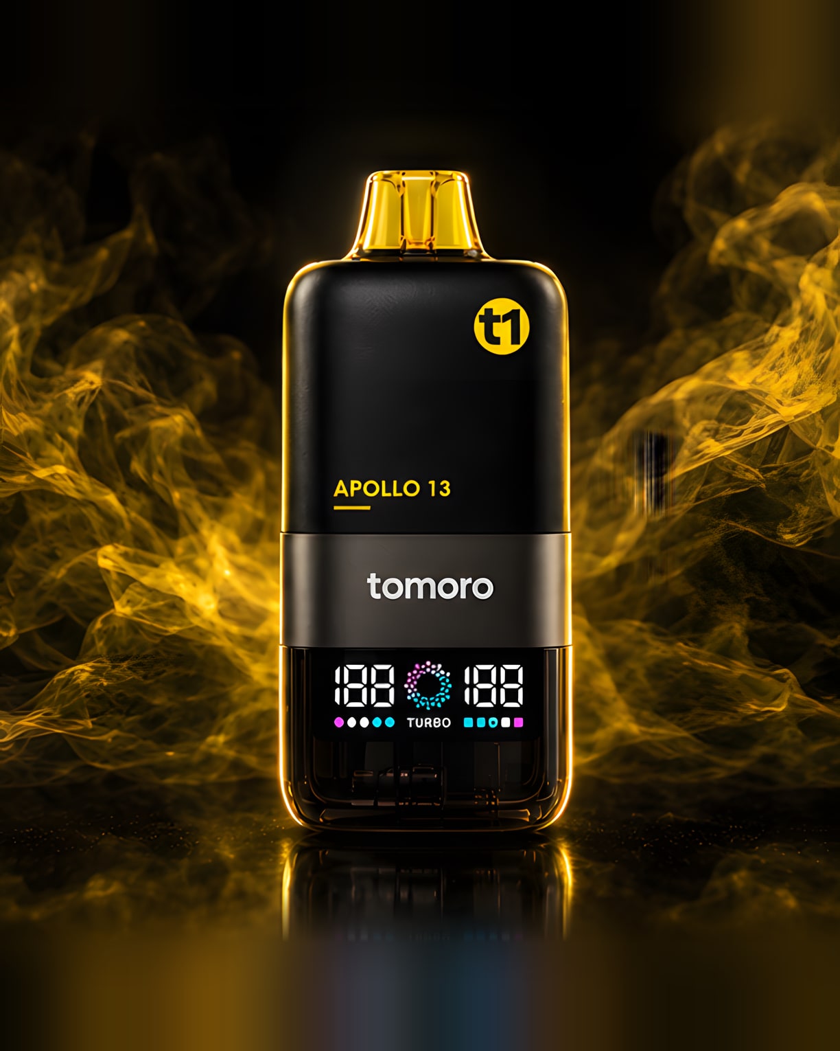 Fogg Vapes, Tomoro T1, sabor Apollo 13, vista frontal con la pantalla