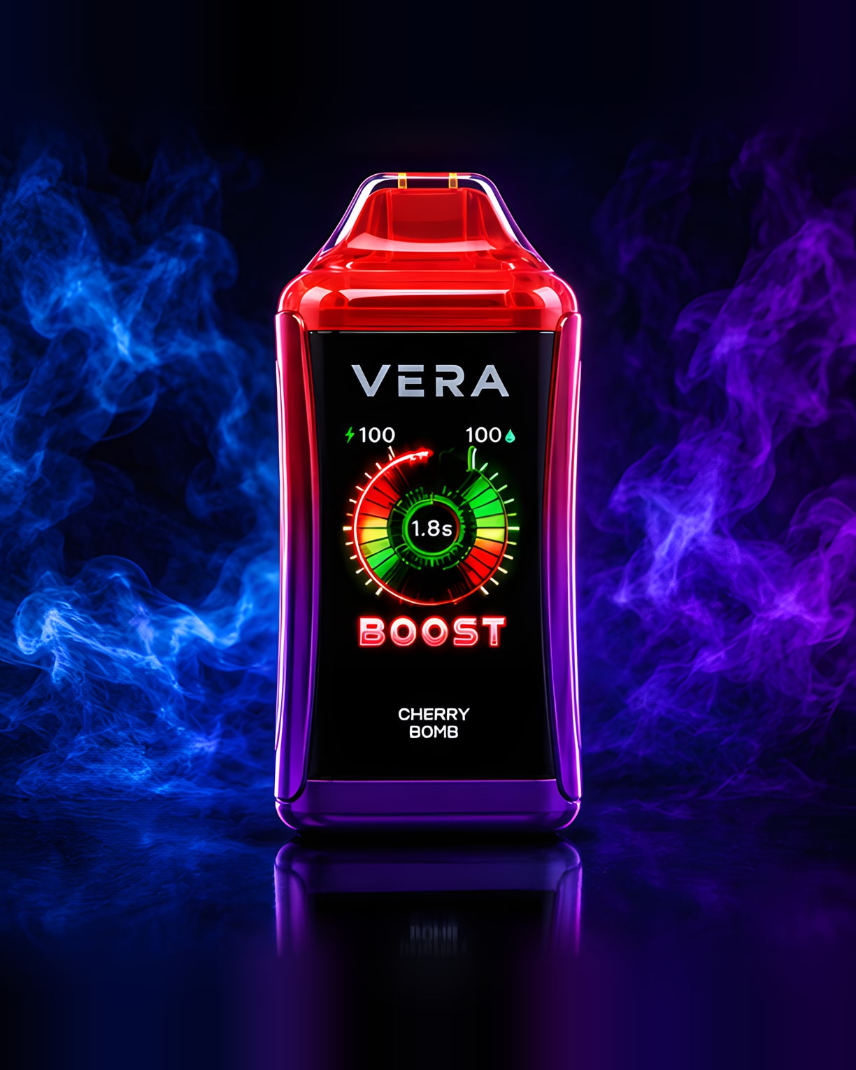 Fogg Vapes, Vera VRAZK, sabor Cherry Bomb, vista frontal con la pantalla encendida